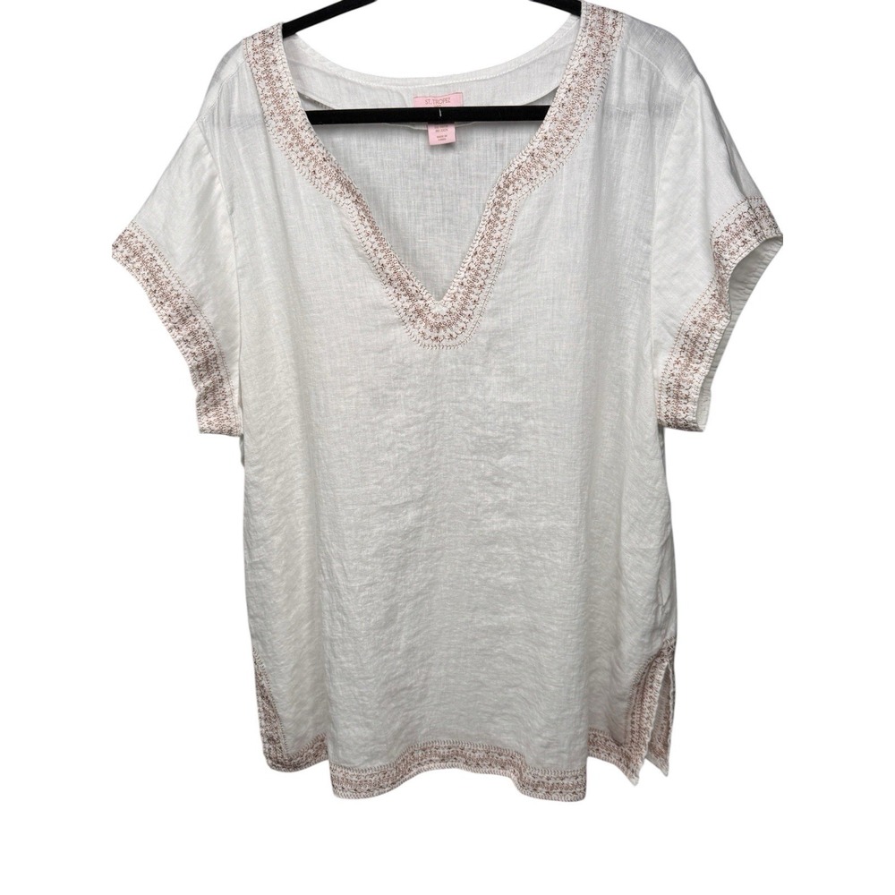 St. Tropez 2X 100% Linen White Tunic Blouse Embroidered Trim